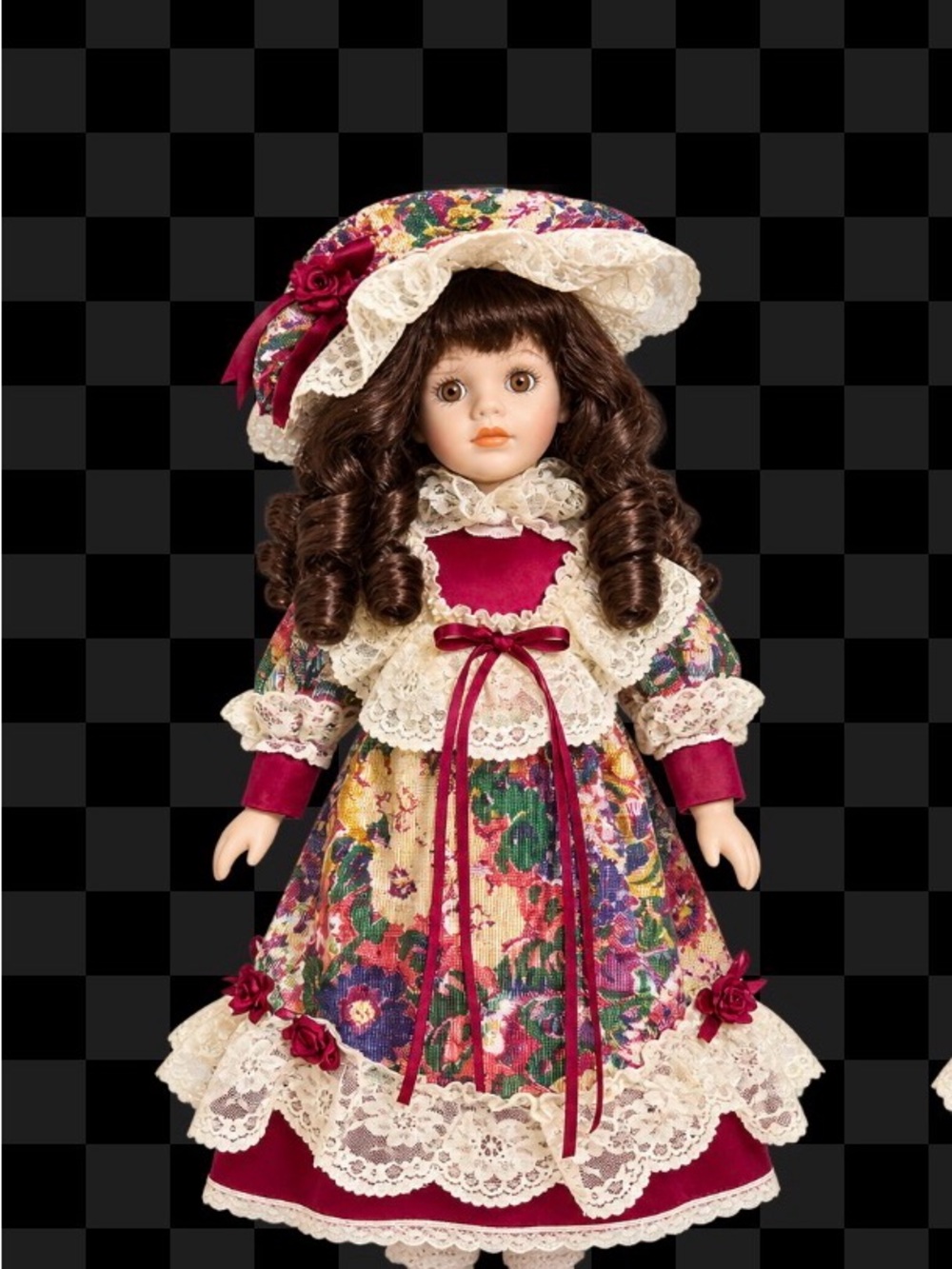 Burgundy Floral-Lace Porcelain Doll with Wide Brim Hat